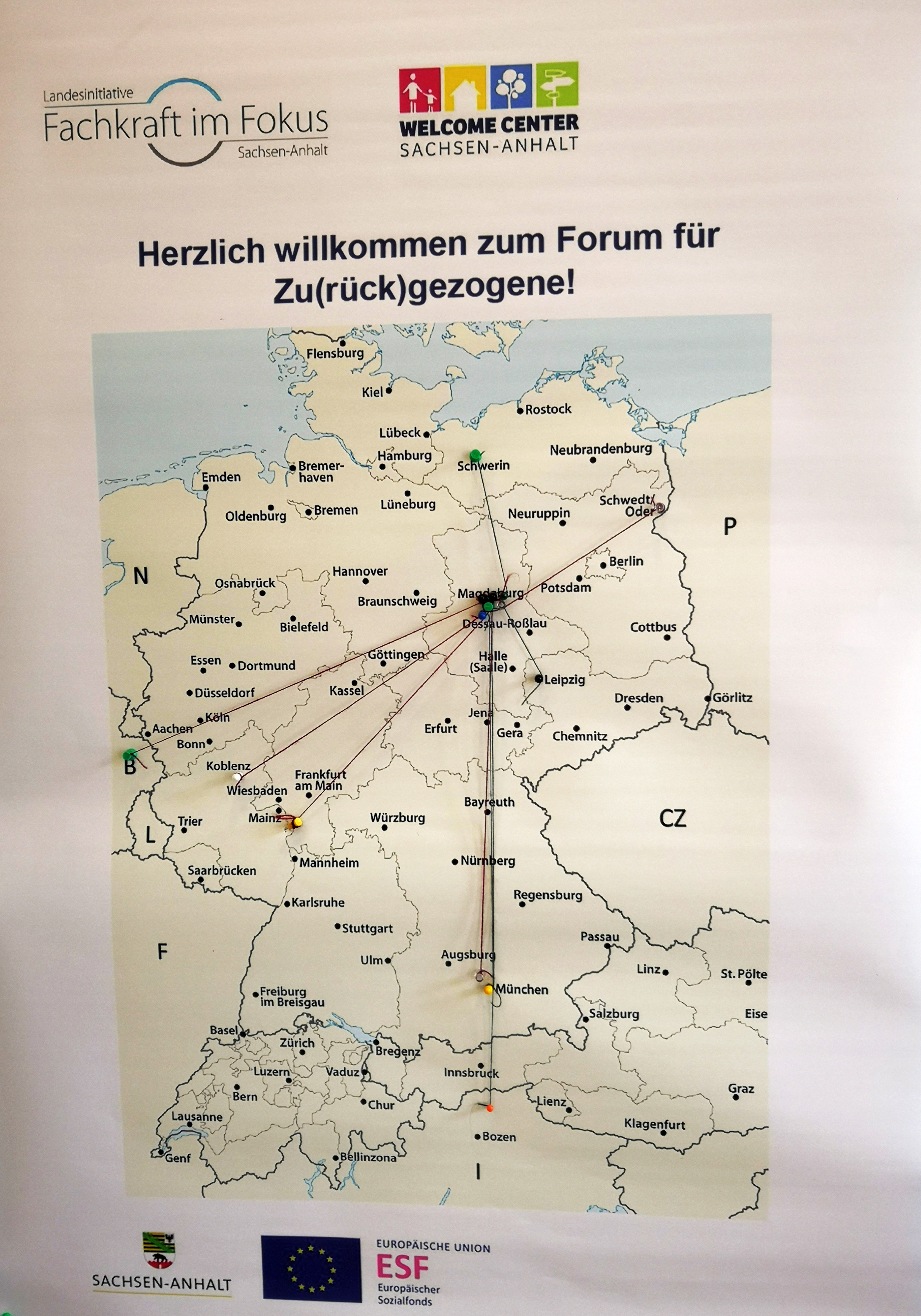 Eien Landkarte von Deutschland mit Pfleilen, die anzeigen woher Menschen nach Magdeburg gezogen sind.