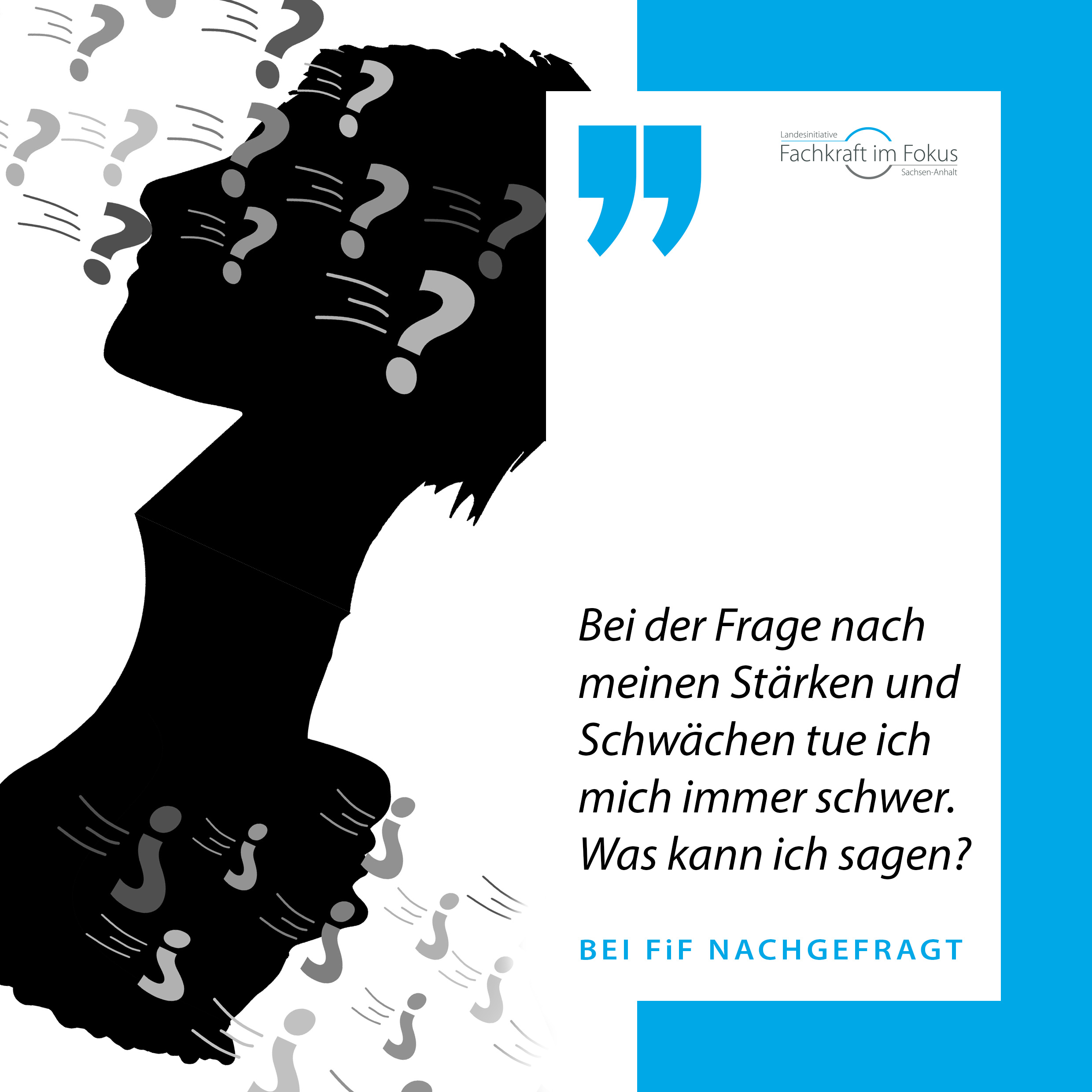 Eine Grafik mit zwei am Hals gespiegelten Schatten einer Frau und eines Mannes überseht mit Fragezeichen in verschiedenen Grautönen. Rechts ein Zitat "Bei der Frage nach meinen Stärken und Schwächen tue ich mich immer schwer. Was kann ich sagen?"